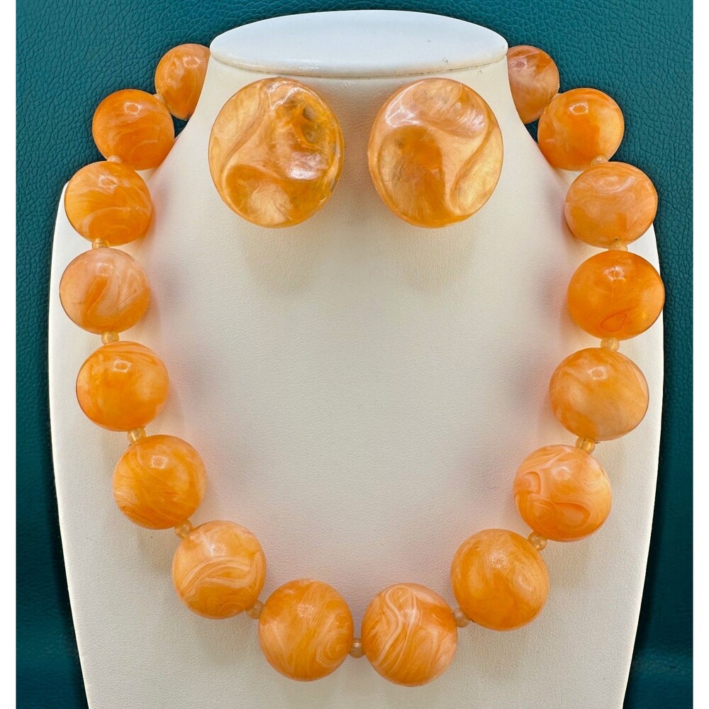 Vintage Lucite Necklace Earrings Set Orange Creamsicle Chunky Bauble Bead Retro